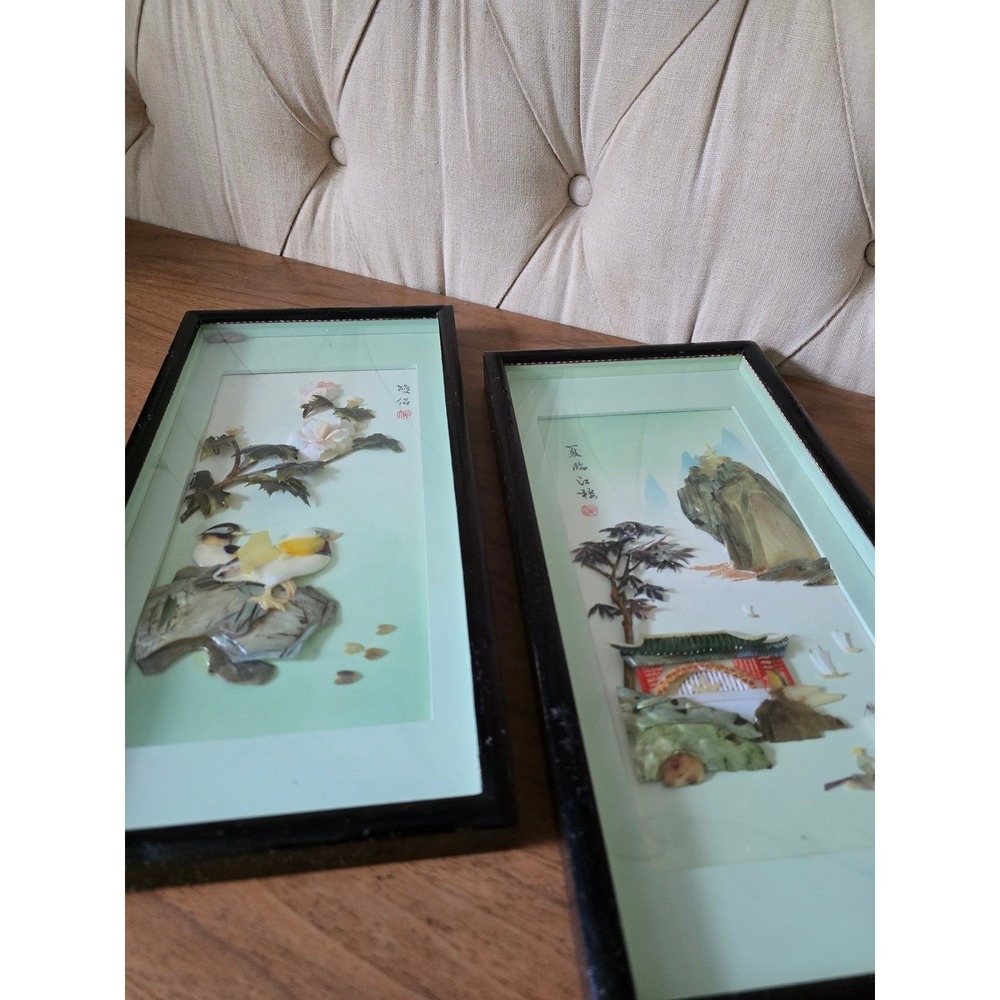 Antique Asian Mother of Pearl Shadow Box Wall Art Pair Mid Century
